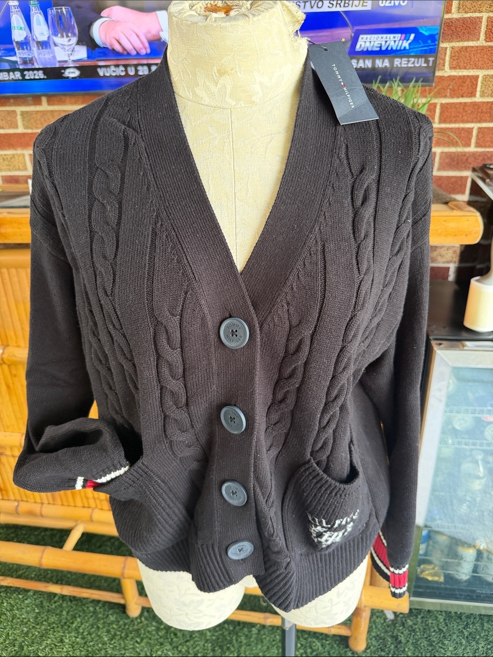 Tommy Hilfiger Black Cable Knit Button-Up Cardigan with Pocket Detail